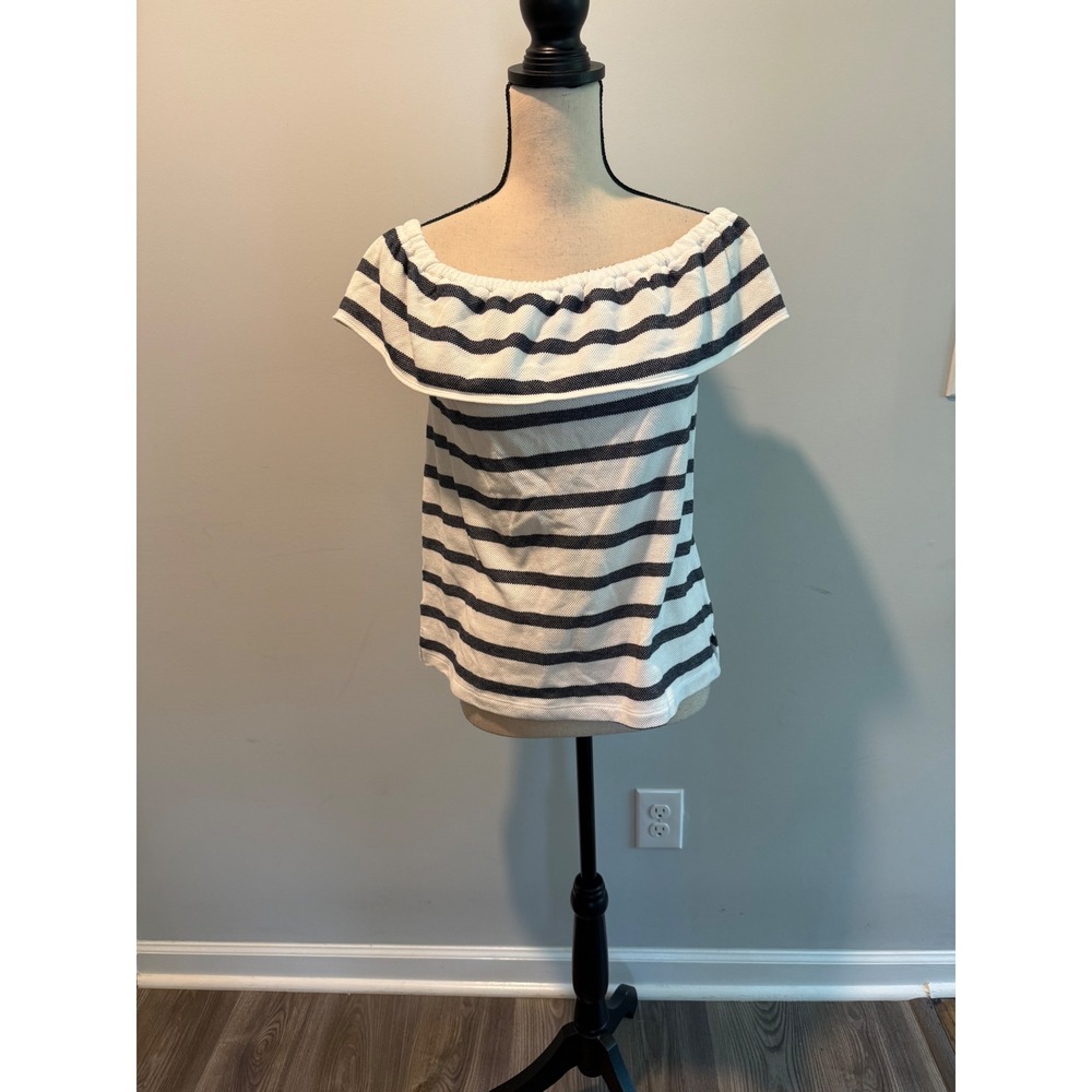 Loft Off The Shoulder Striped Ruffle Top Navy White Women's size XS NWT